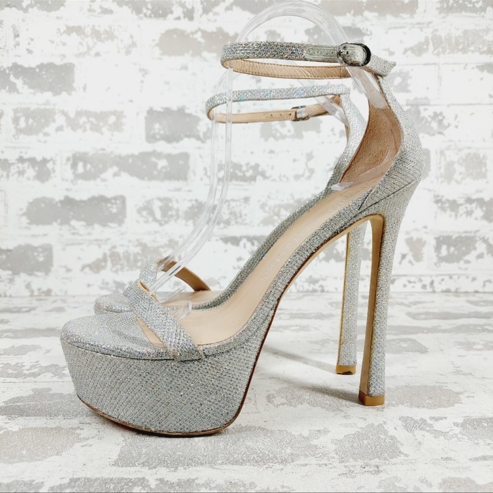 Stuart Weitzman Nudistcurve Platform Sandals silver size 8 made in Spain